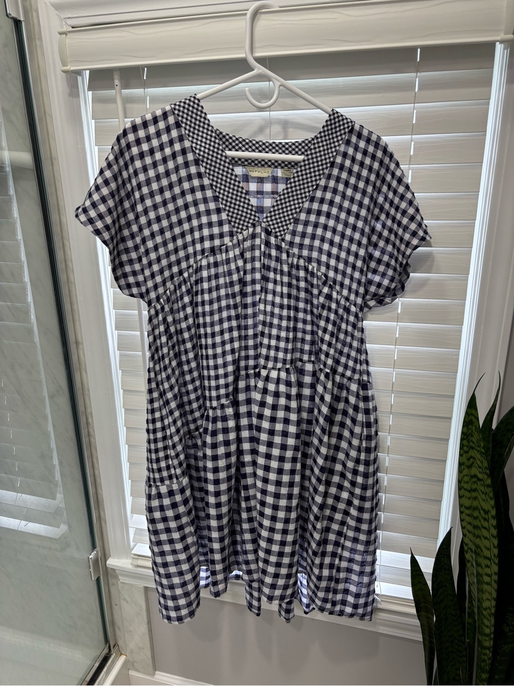Free People Navy and White Gingham Tiered Short Sleeve Dress